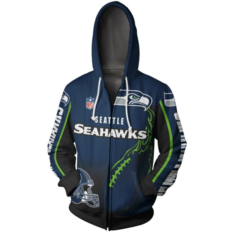 Men's Seattle Seahawks zip-up hoodie with flaming football 3D design in team colors, featuring NFL and Seahawks logo