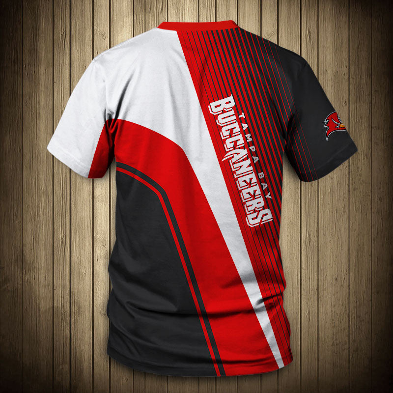 Back view of Men’s Tampa Bay Buccaneers T-Shirt – Striped Graphic Look with vertical stripes, large Buccaneers text print, and dynamic color block design in RED, BLACK and WHITE."