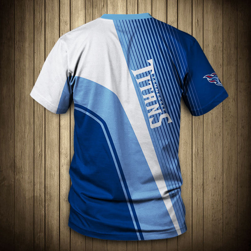 Back view of Men’s Tennessee Titans T-Shirt – Striped Graphic Look with vertical stripes, large Titans text print, and dynamic color block design in BLUE and WHITE."