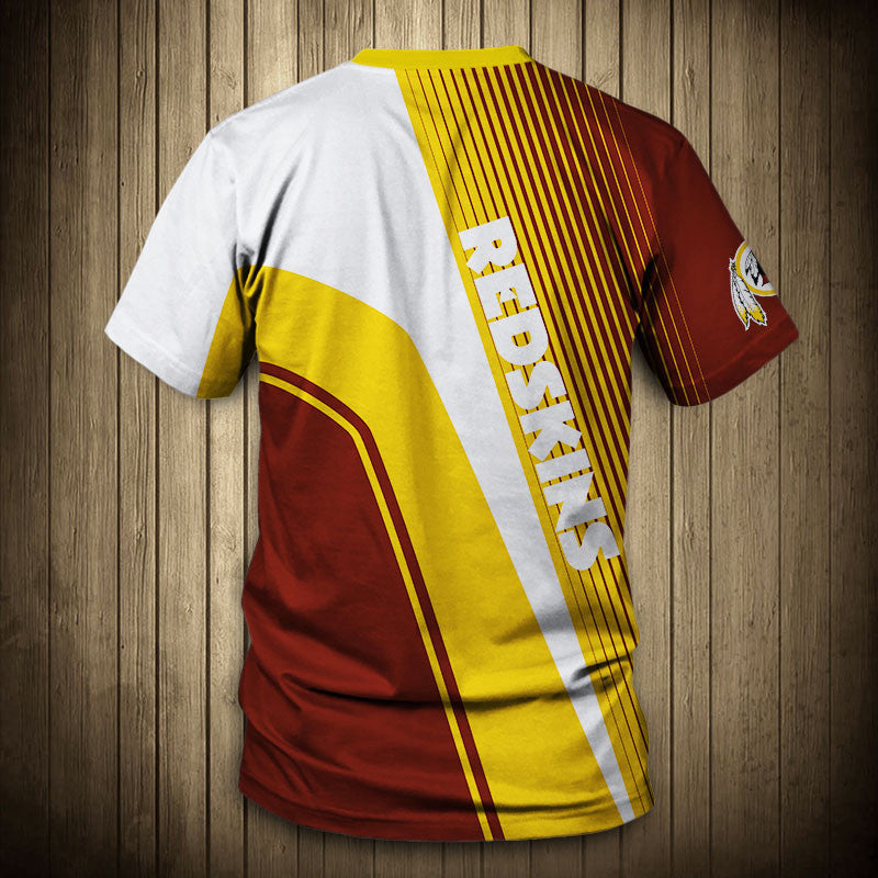 Back view of Men’s Washington Redskins T-Shirt – Striped Graphic Look with vertical stripes, large Redskins text print, and dynamic color block design in yellow, browns and WHITE."
