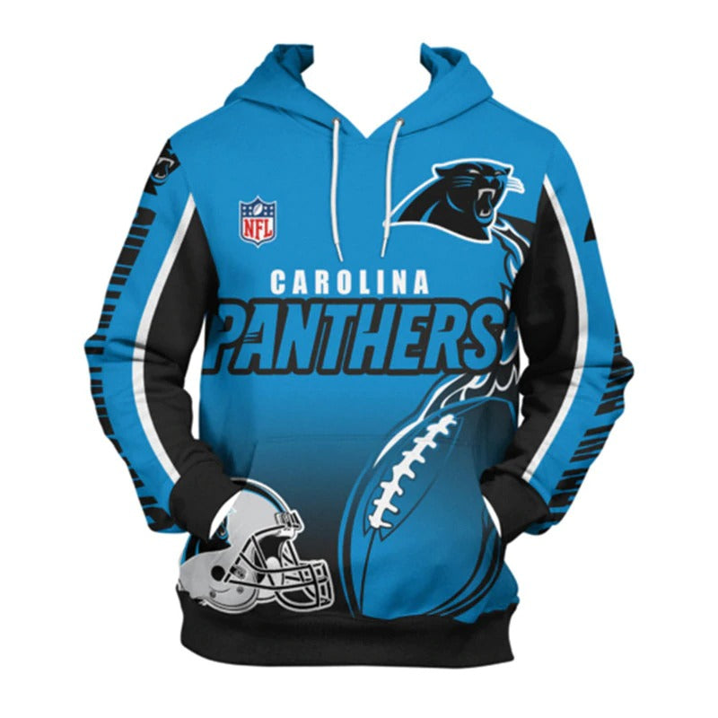 Front view of men's Carolina Panthers pullover hoodie with 3D flaming football graphic, NFL logo, and bold black - blue team design