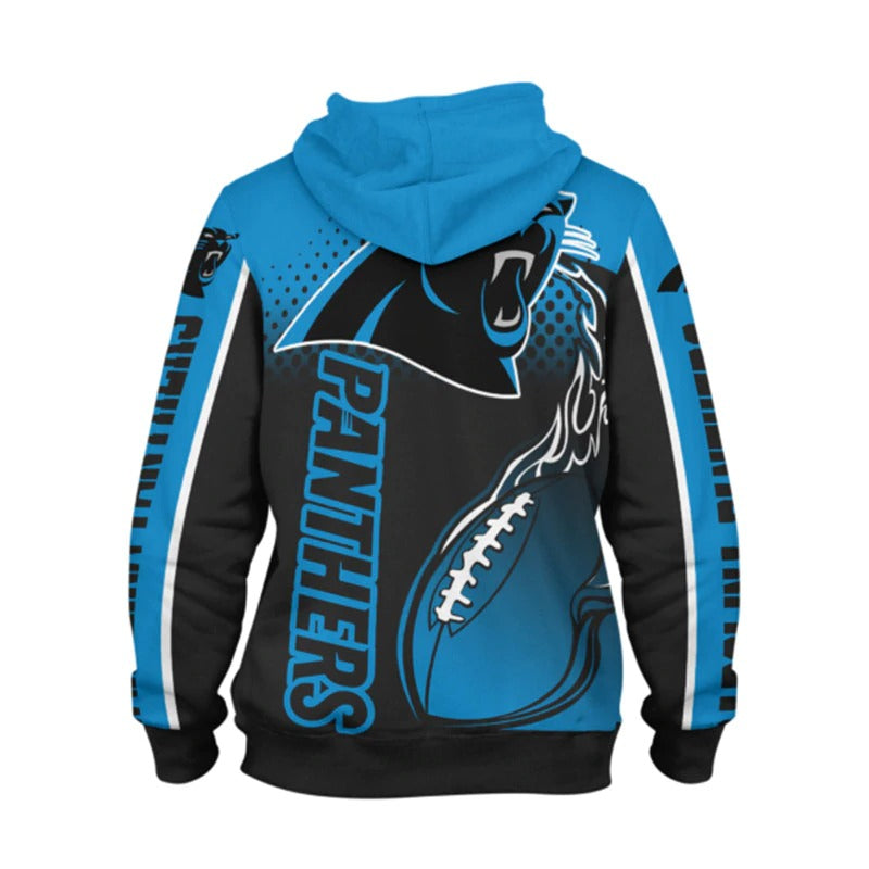 Back view of men's Carolina Panthers hoodie featuring large Panthers logo, flaming football design, and bold black - blue color scheme.