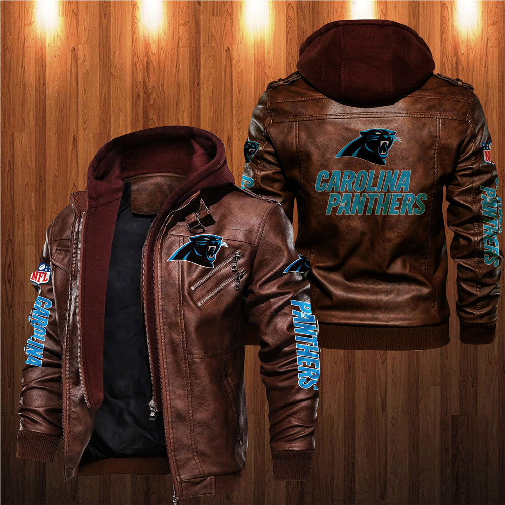 Men's brown Carolina Panthers leather jacket with hood, zipper front, and team logo on chest, back, and sleeves. NFL fan gear made from PU faux leather.
