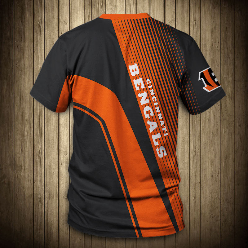 Back view of Men’s Cincinnati Bengals T-Shirt – Striped Graphic Look with vertical stripes, large Bills text print, and dynamic color block design in orange, and black."