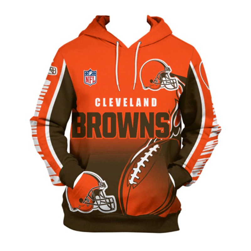 Front view of men's Cleveland Browns pullover hoodie with 3D flaming football graphic, NFL logo, and bold brown - orange team design
