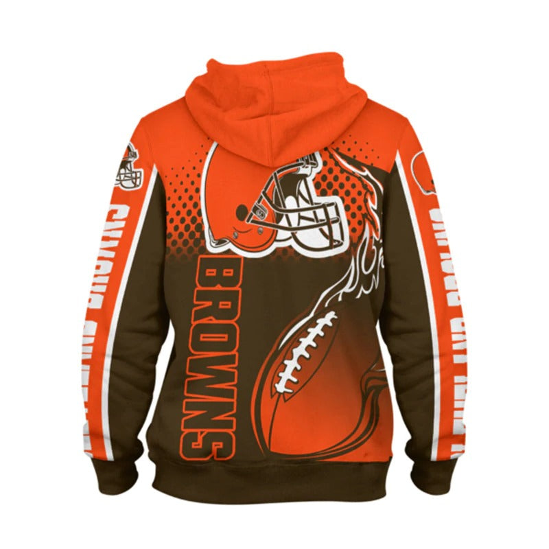 Back view of men's Cleveland Browns hoodie featuring large Browns logo, flaming football design, and bold orange - dark brown color scheme.