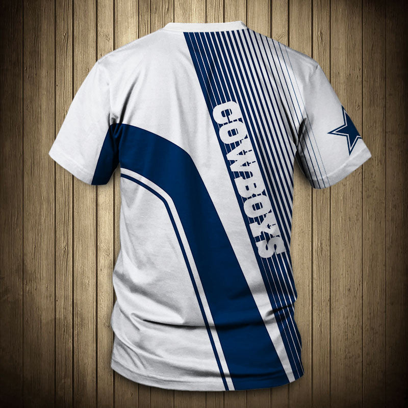 Back view of Men’s Dallas Cowboys T-Shirt – Striped Graphic Look with vertical stripes, large COWBOYS text print, and dynamic color block design in WHITE and blue."