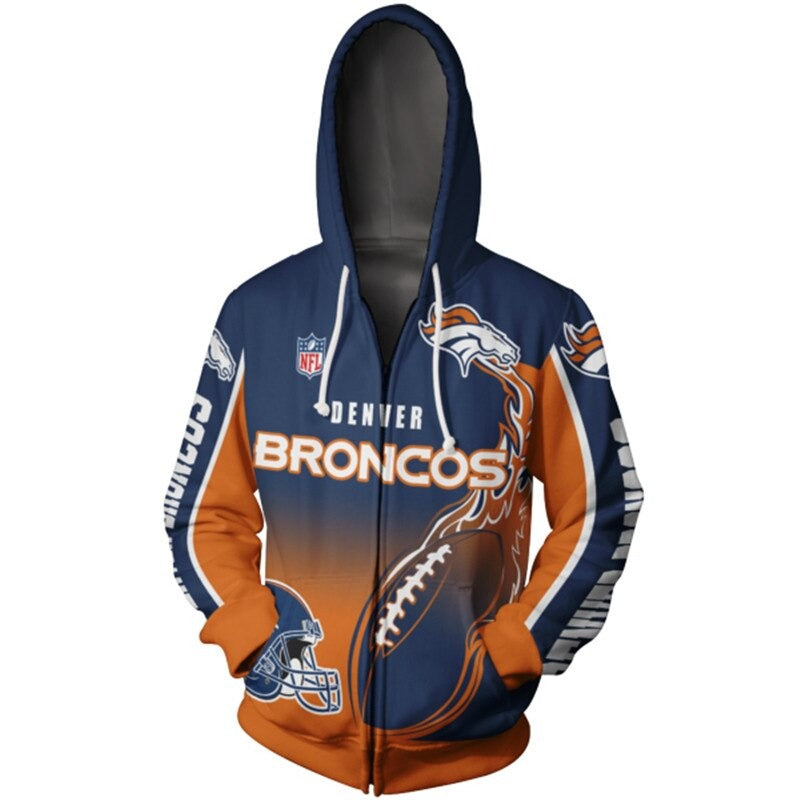 Men's Denver Broncos zip-up hoodie with flaming football 3D design in team colors, featuring NFL and Broncos logo