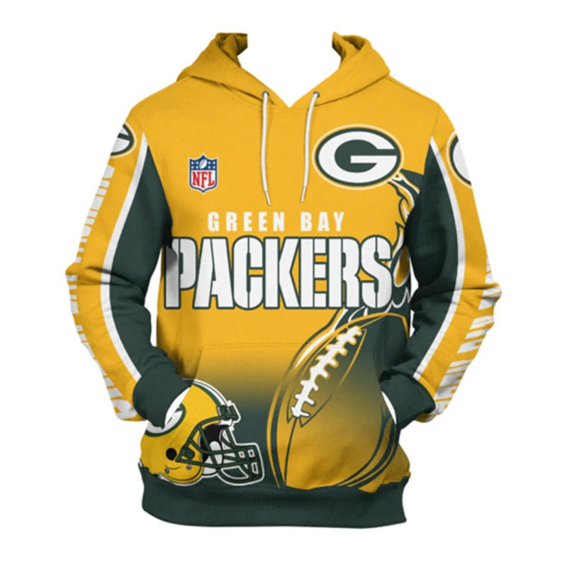 Front view of men's Green Bay Packers pullover hoodie with 3D flaming football graphic, NFL logo, and bold green - yellow team design