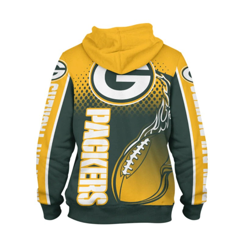Back view of men's Green Bay Packers hoodie featuring large Packers logo, flaming football design, and bold green - yellow color scheme.