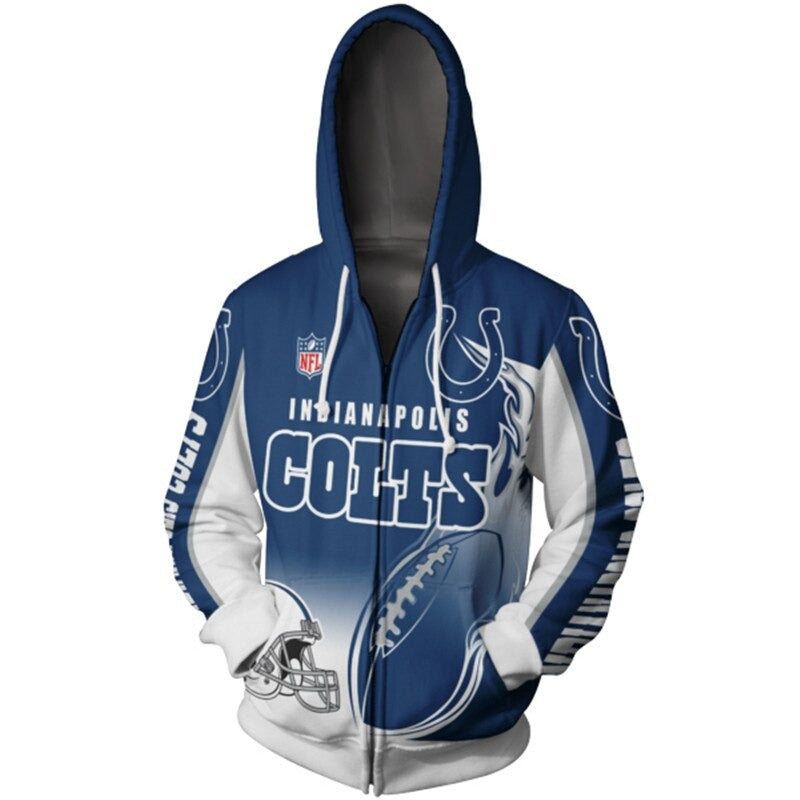 Men's Indianapolis colts zip-up hoodie with flaming football 3D design in team colors, featuring NFL and Colts logo