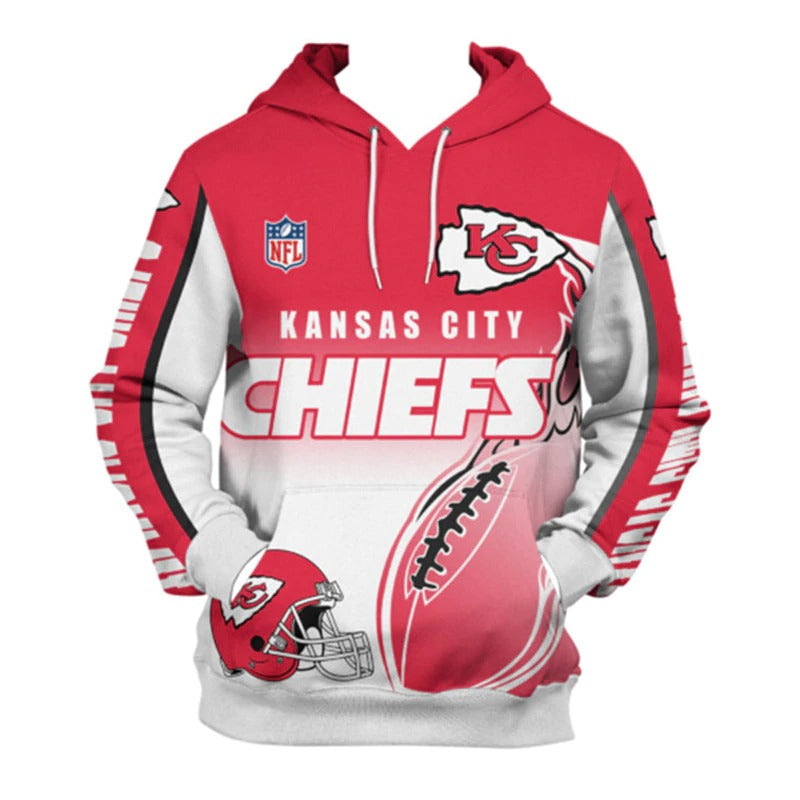 Front view of men's Kansas City Chiefs pullover hoodie with 3D flaming football graphic, NFL logo, and bold red - white team design