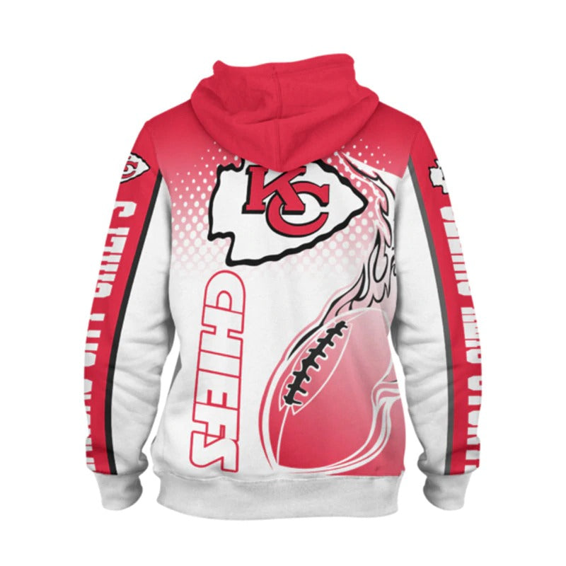Back view of men's Kansas City Chiefs hoodie featuring large Chiefs logo, flaming football design, and bold red - white color scheme.
