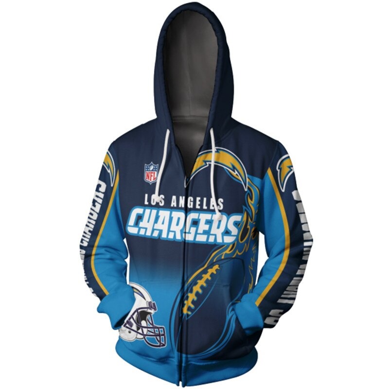 Men's Los Angeles Chargers zip-up hoodie with flaming football 3D design in team colors, featuring NFL and Chargers logo