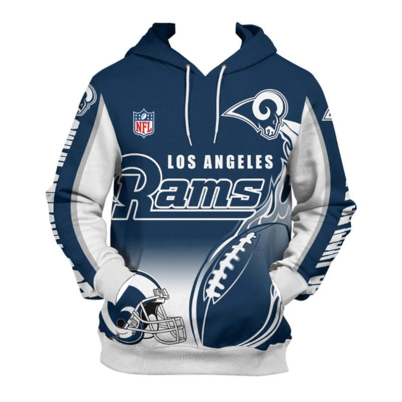 Front view of men's Los Angeles Rams pullover hoodie with 3D flaming football graphic, NFL logo, and bold blue - white team design