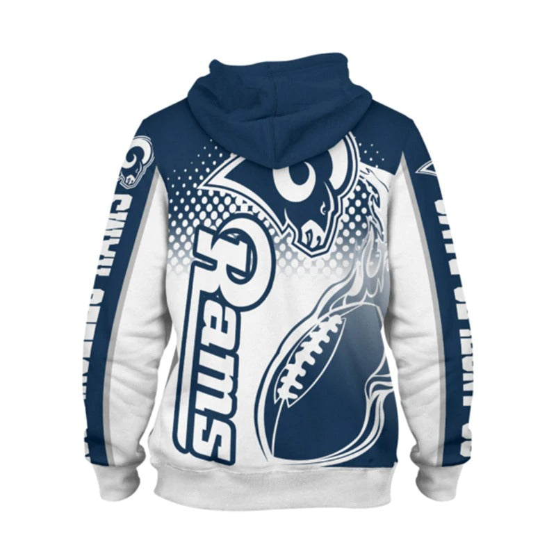 Back view of men's Los Angeles Rams hoodie featuring large Rams logo, flaming football design, and bold blue - white color scheme.