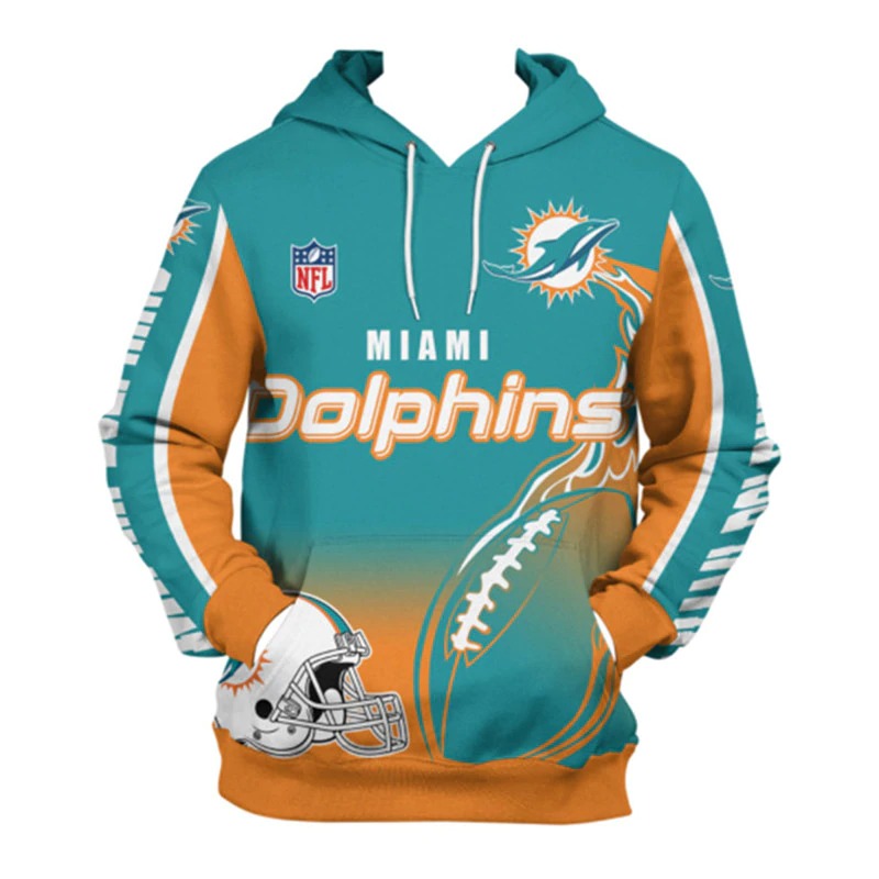 Back view of men's Miami Dolphins hoodie featuring large Dolphins logo, flaming football design, and bold green - orange color scheme