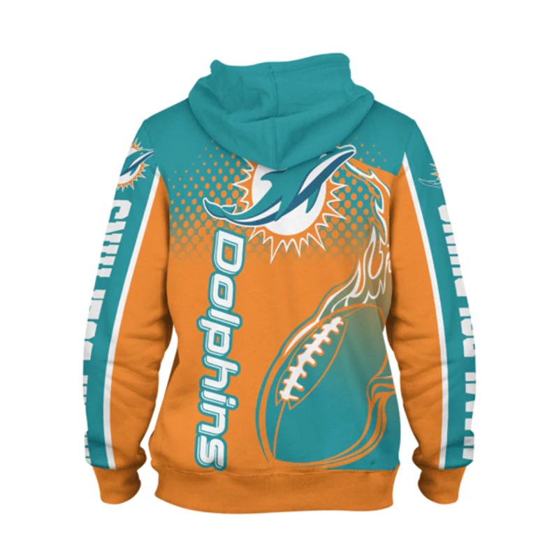 Front view of men's Miami Dolphins pullover hoodie with 3D flaming football graphic, NFL logo, and bold orange - green team design