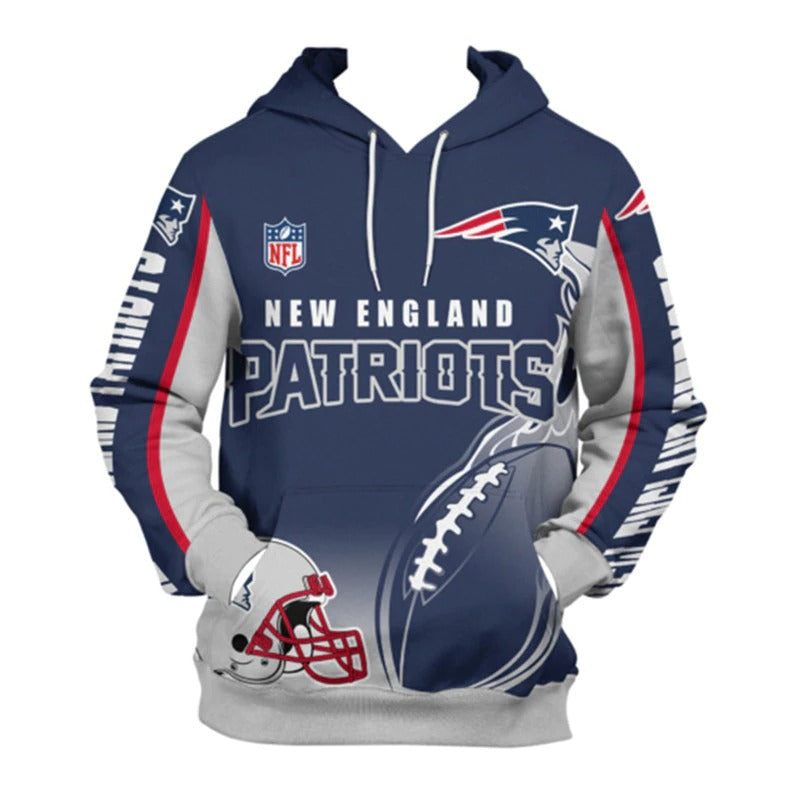 Front view of men's New England Patriots pullover hoodie with 3D flaming football graphic, NFL logo, and bold white- blue team design