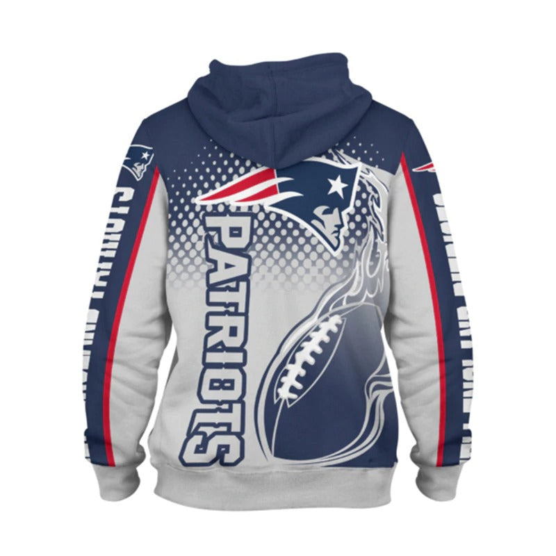 Back view of men's New England Patriots hoodie featuring large Patriots logo, flaming football design, and bold blue - white color scheme.