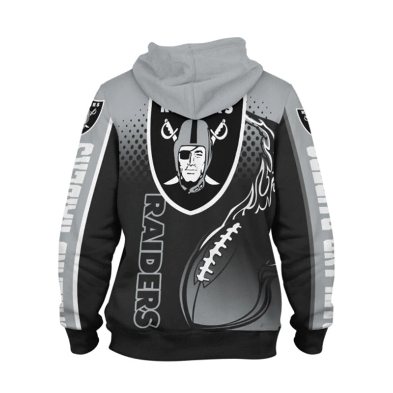 Back view of men's Oakland Raiders hoodie featuring large Raiders logo, flaming football design, and bold black - gray color scheme.