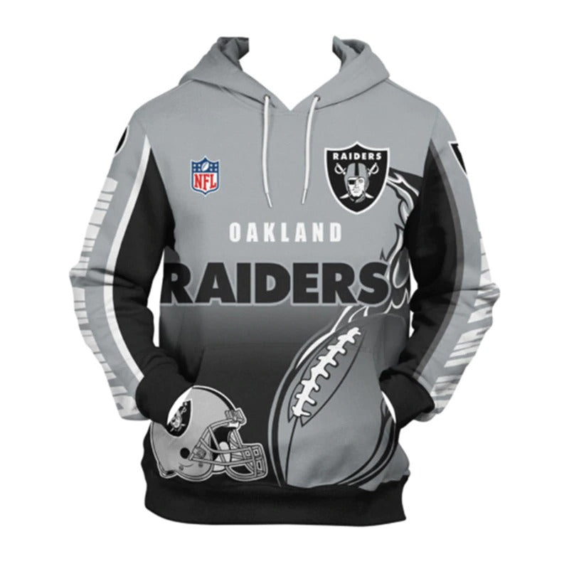 Front view of men's Oakland Raiders pullover hoodie with 3D flaming football graphic, NFL logo, and bold gray - black team design