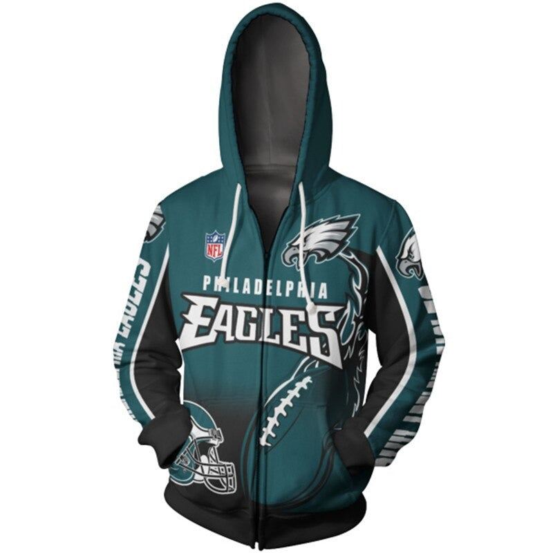 Men's Philadelphia Eagles zip-up hoodie with flaming football 3D design in team colors, featuring NFL and Eagles logo