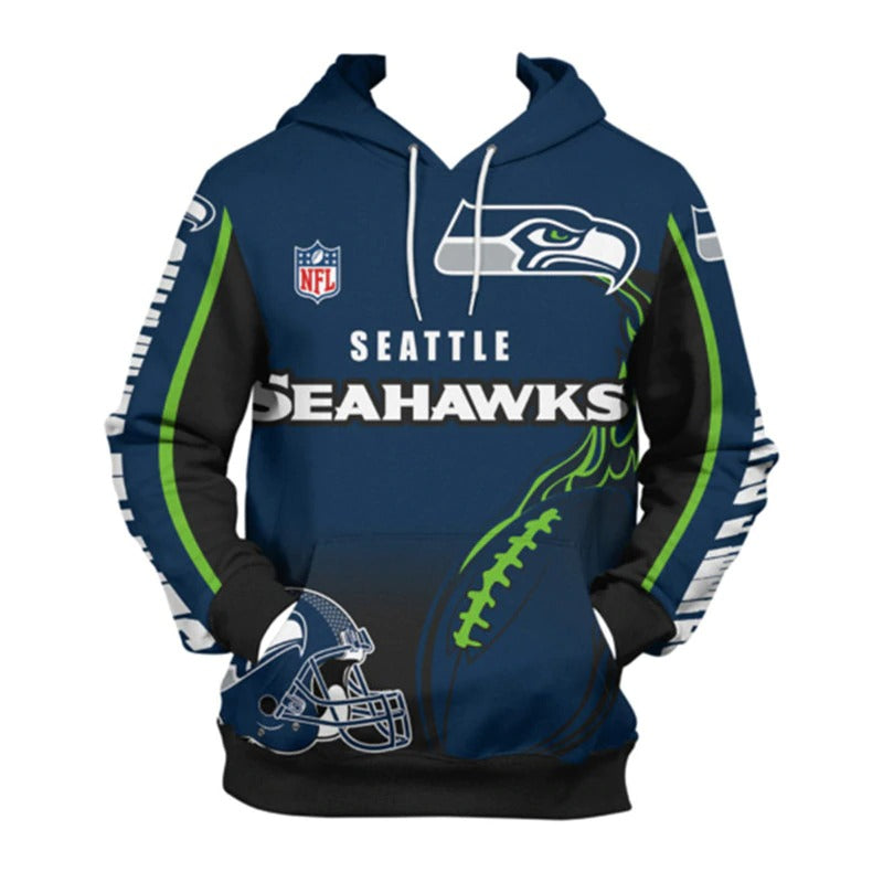 Front view of men's Seattle Seahawks pullover hoodie with 3D flaming football graphic, NFL logo, and bold black - blue team design