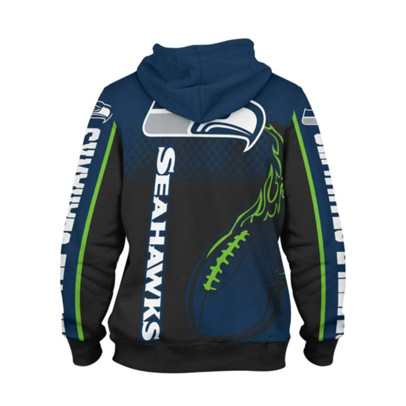 Back view of men's Seattle Seahawks hoodie featuring large Seahawks logo, flaming football design, and bold blue - black color scheme.