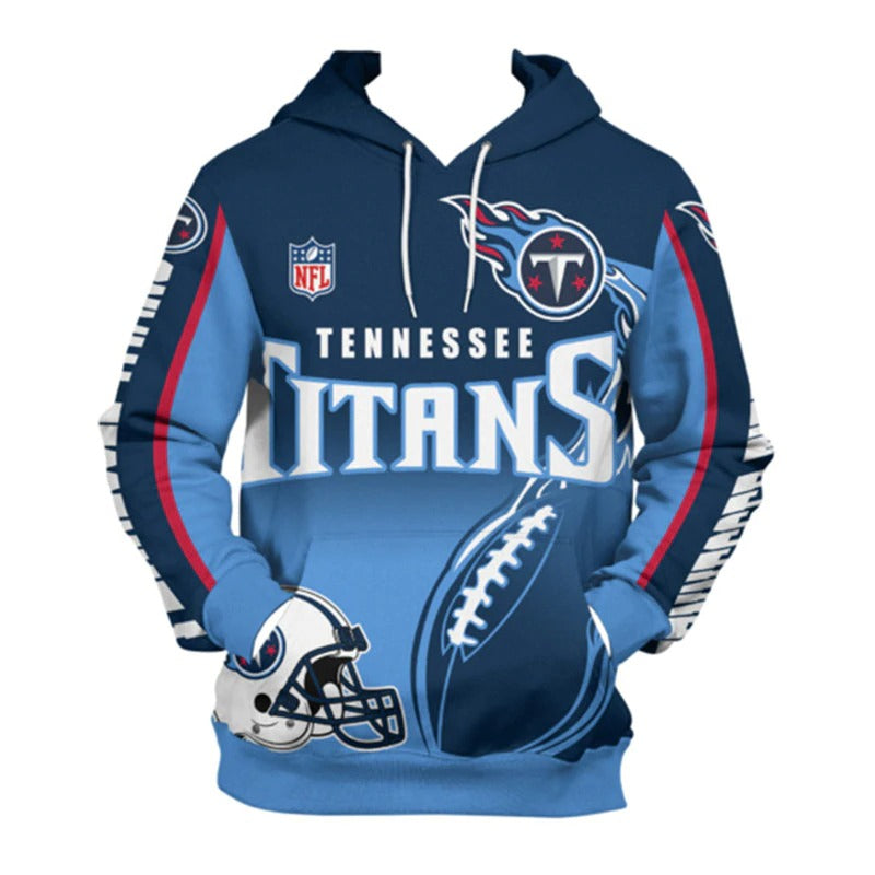 Front view of men's Tennessee Titans pullover hoodie with 3D flaming football graphic, NFL logo, and bold blue - navy team design