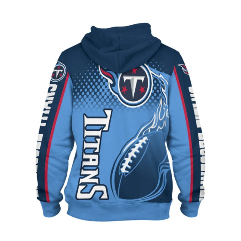 Back view of men's Tennessee Titans hoodie featuring large Titans logo, flaming football design, and bold navy - blue color scheme.