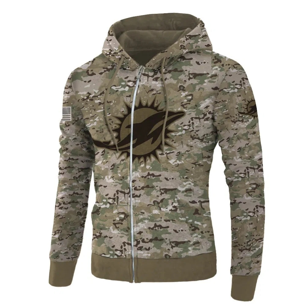 Front view of Miami Dolphins Camo Zipper Hoodie – Military Style with camouflage print, and Miami Dolphins logo on chest – and front kangaroo pocket, unisex fit
