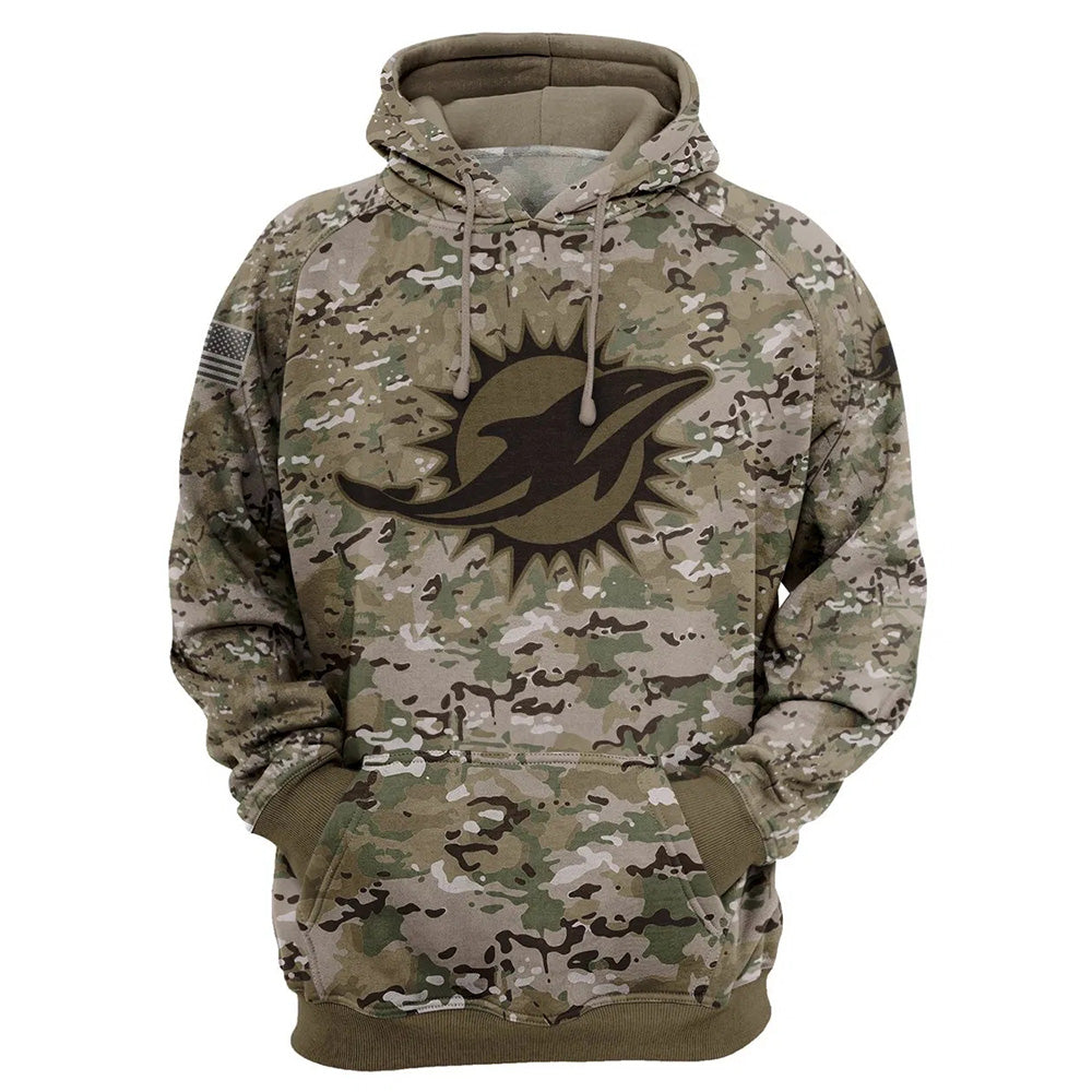 Miami Dolphins Camo Pullover Hoodie – Military Style featuring large Miami Dolphins logo on chest, camouflage design, and front kangaroo pocket – unisex and US sizing