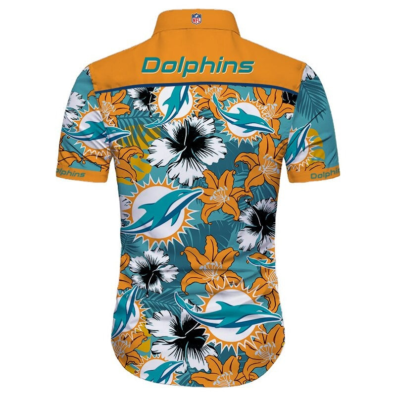 Back view of Miami Dolphins Hawaiian Shirt featuring bold team name and logo, tropical hibiscus floral pattern, orange shoulder panel, men's short-sleeve button-down.