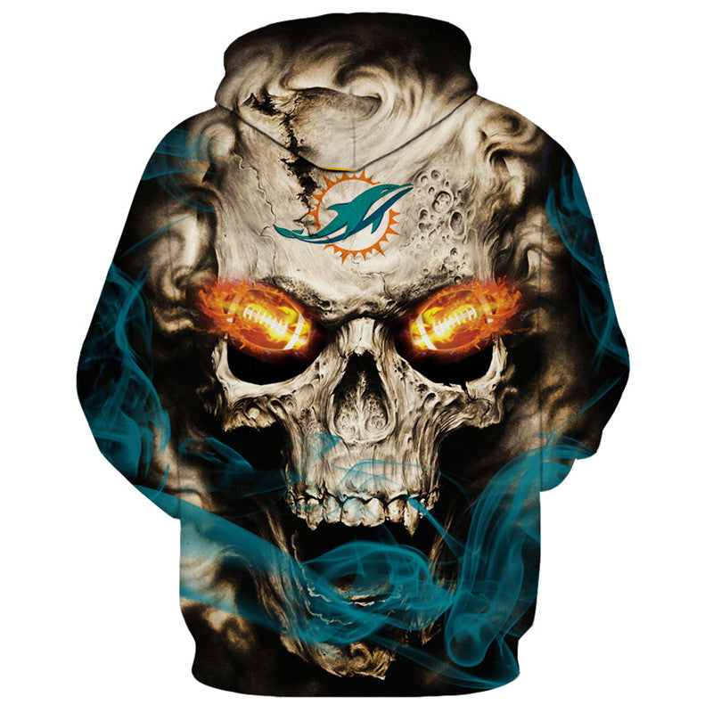 Back view of Miami Dolphins Skull Hoodie – Red Inferno Edition, showcasing a bold skull print with electric red eye effects and Miami Dolphins logo