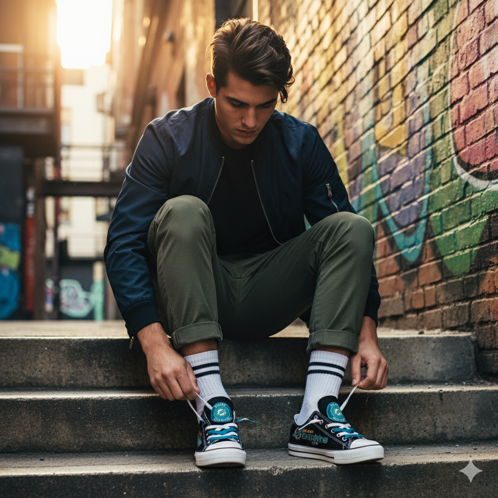 A man sits on concrete steps, lacing up black Miami Dolphins canvas low-top sneakers with white laces. He's wearing dark cargo pants, a bomber jacket, and white crew socks, in an urban alleyway with graffiti. Features cool, edgy NFL fan fashion
