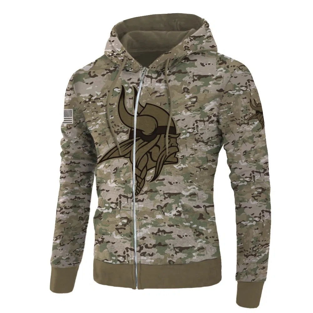 Front view of Minnesota Vikings Camo Zipper Hoodie – Military Style with camouflage print, and Minnesota Vikings logo on chest – and front kangaroo pocket, unisex fit