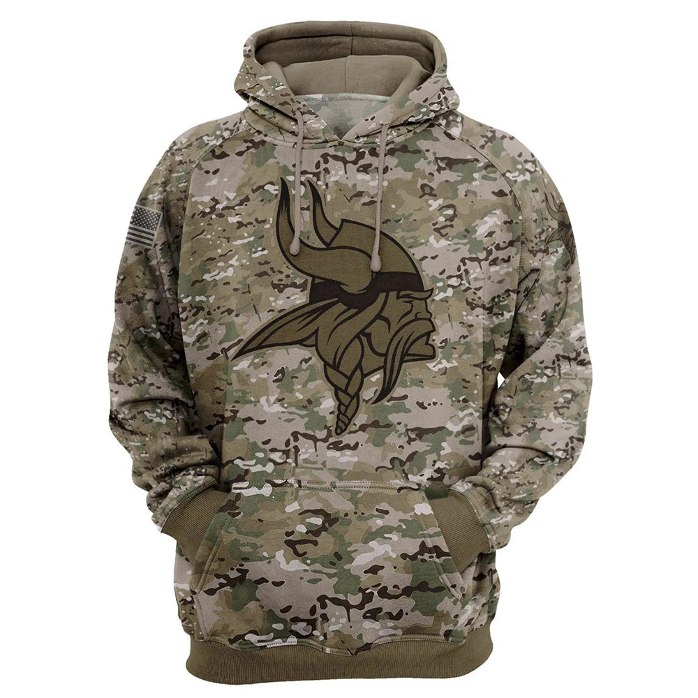 Minnesota Vikings Camo Pullover Hoodie – Military Style featuring large Minnesota Vikings logo on chest, camouflage design, and front kangaroo pocket – unisex and US sizing