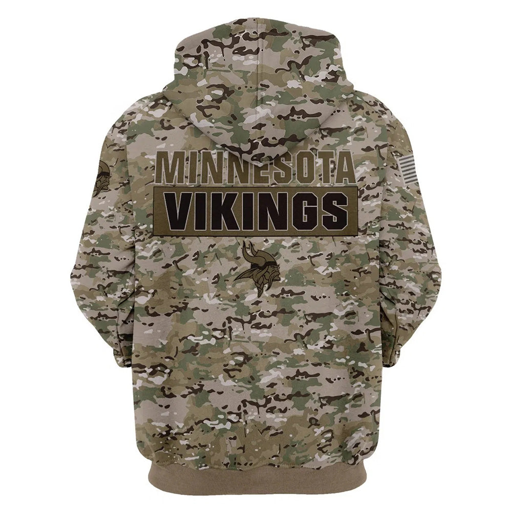 Back view of Minnesota Vikings Camo Hoodie – Military Style showing bold MINNESOTA VIKINGS text with team logo and military camouflage pattern