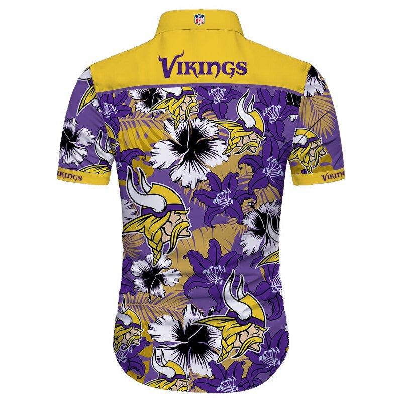 Back view of Minnesota Vikings Hawaiian Shirt featuring bold team name and logo, tropical hibiscus floral pattern, YELLOW shoulder panel, men's short-sleeve button-down.