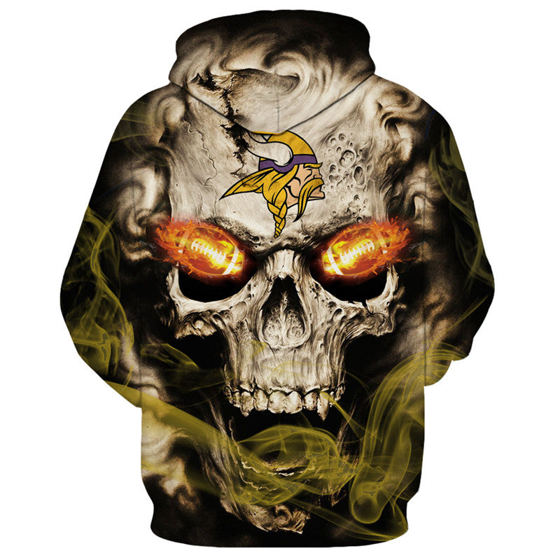Back view of Minnesota Vikings Skull Hoodie – Red Inferno Edition, showcasing a bold skull print with electric red eye effects and Minnesota Vikings logo