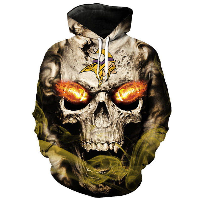 Front view of Minnesota Vikings Skull Hoodie – Red Inferno Edition, featuring a gothic skull design with glowing red football eyes and a Minnesota Vikings on the forehead.