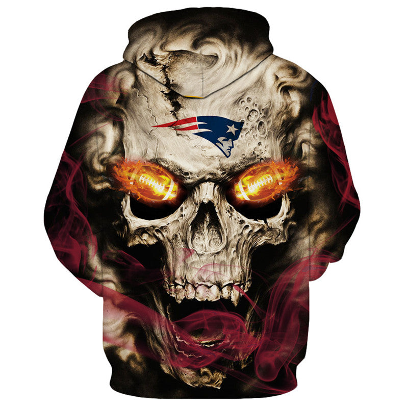 Back view of New England Patriots Skull Hoodie – Red Inferno Edition, showcasing a bold skull print with electric red eye effects and New England Patriots logo