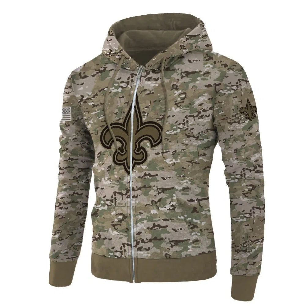 Front view of New Orleans Saints Camo Zipper Hoodie – Military Style with camouflage print, and New Orleans Saints logo on chest – and front kangaroo pocket, unisex fit