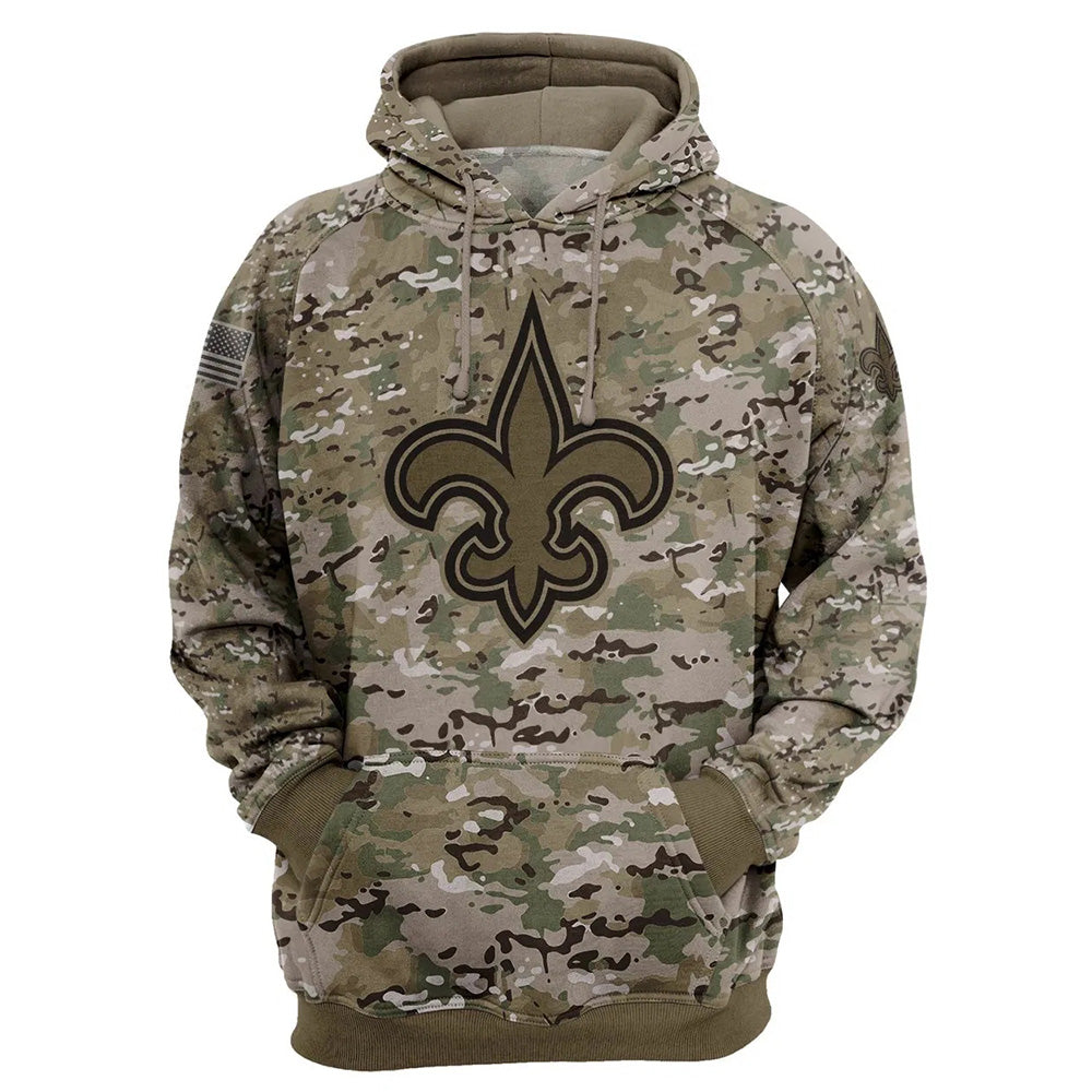New Orleans Saints Camo Pullover Hoodie – Military Style featuring large New Orleans Saints logo on chest, camouflage design, and front kangaroo pocket – unisex and US sizing