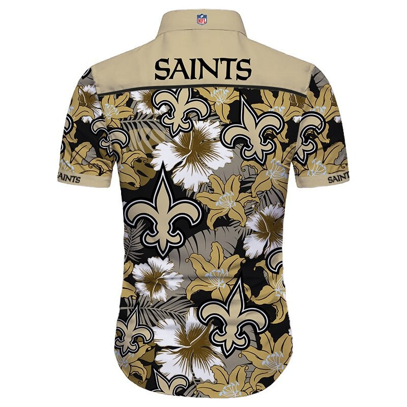 Back view of New Orleans Saints Hawaiian Shirt featuring bold team name and logo, tropical hibiscus floral pattern, OLD GOLD shoulder panel, men's short-sleeve button-down.