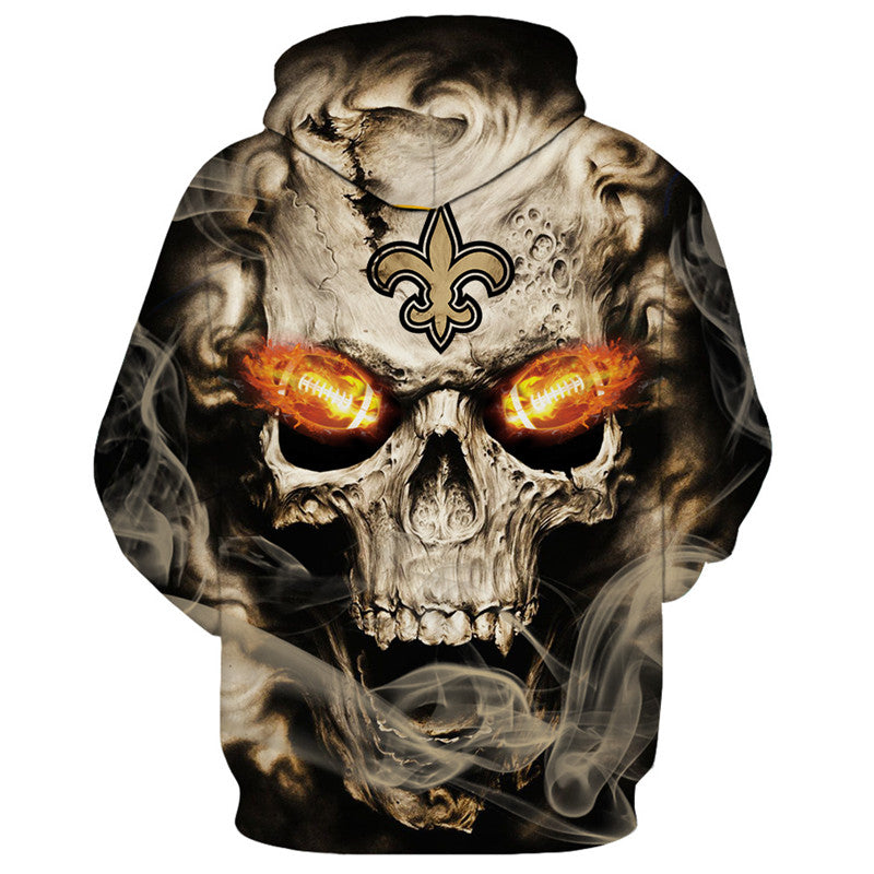 Back view of New Orleans Saints Skull Hoodie – Red Inferno Edition, showcasing a bold skull print with electric red eye effects and New Orleans Saints logo