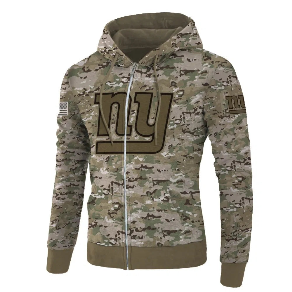 Front view of New York Giants Camo Zipper Hoodie – Military Style with camouflage print, and New York Giants logo on chest – and front kangaroo pocket, unisex fit