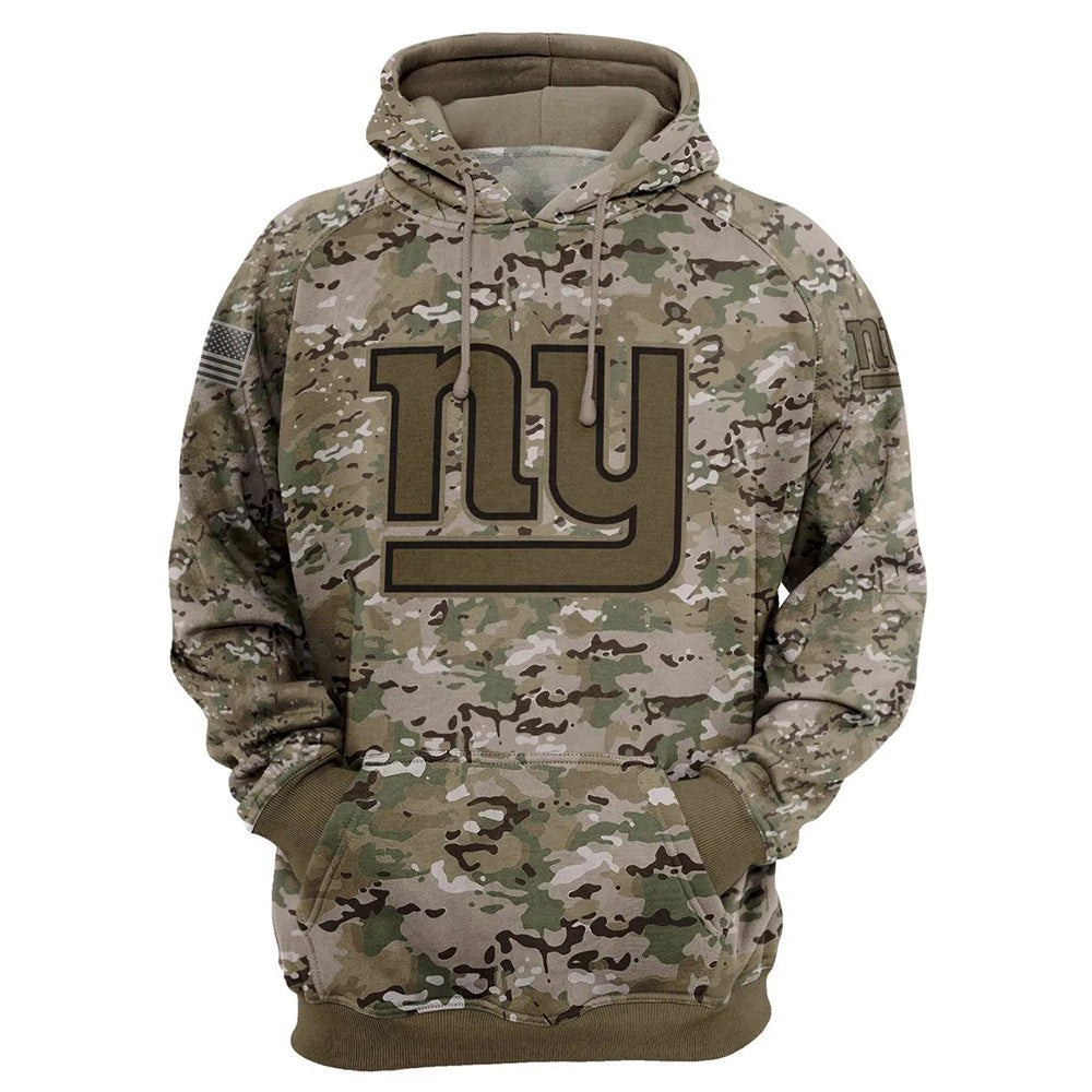 New York Giants Camo Pullover Hoodie – Military Style featuring large New York Giants logo on chest, camouflage design, and front kangaroo pocket – unisex and US sizing