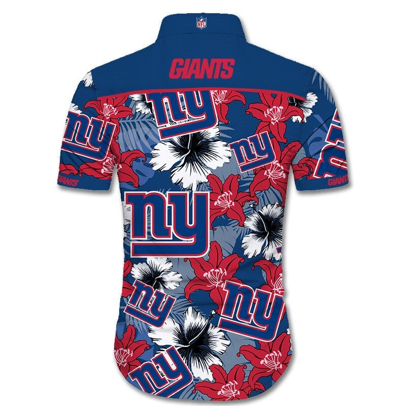 Back view of New York Giants Hawaiian Shirt featuring bold team name and logo, tropical hibiscus floral pattern, BLUE shoulder panel, men's short-sleeve button-down.
